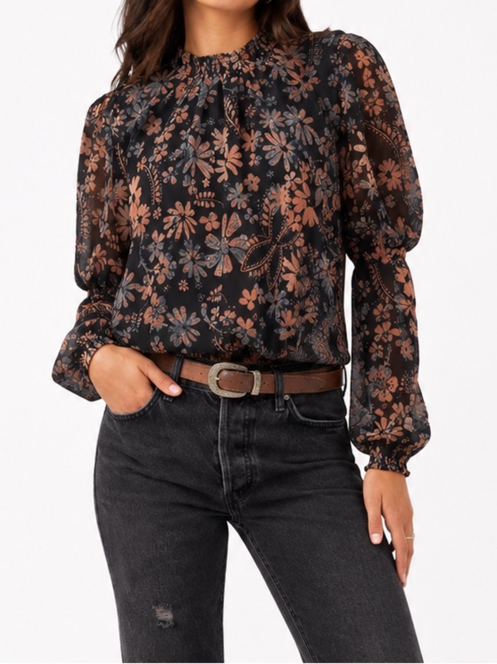 FREE PEOPLE Clarissa Floral Printed Top - Size XS - Boho Puff Sleeve Blouse-NWT